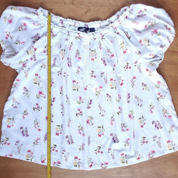 Lands End Cotton Voile Top Size L White Floral Short Puff Sleeve Cottage Prairie - Picture 8 of 8